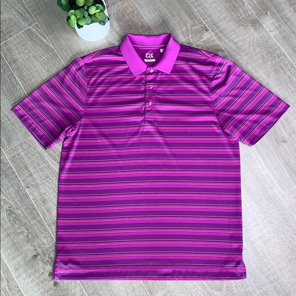 CB CUTTER & BUCK DRYTEC Purple Stripes Short Sleeve Golf Polo